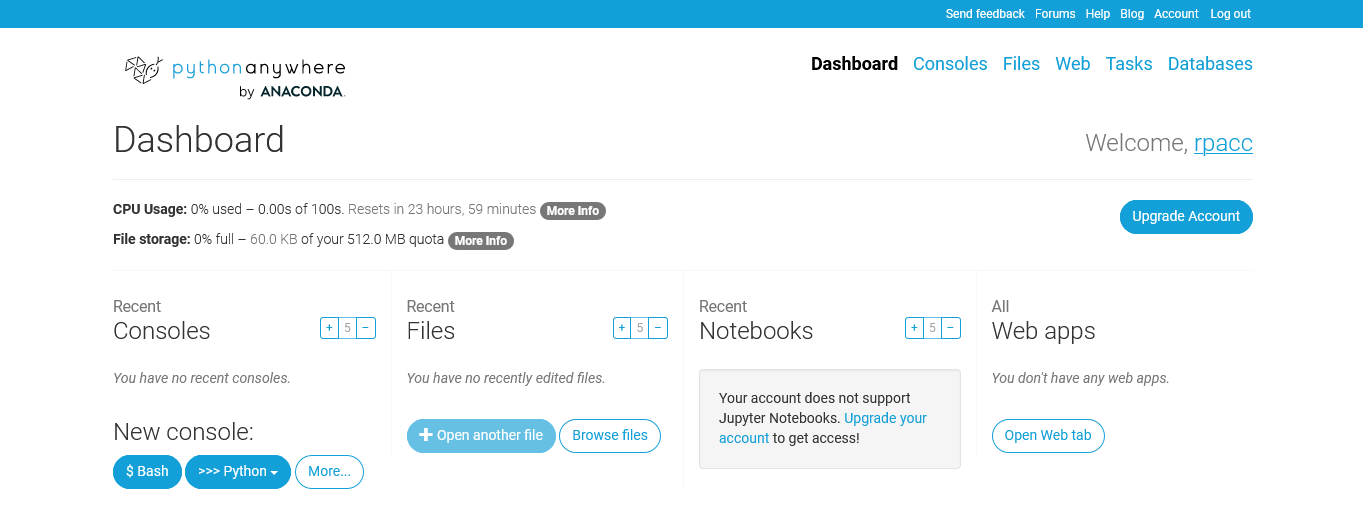 PythonAnywhere Dashboard