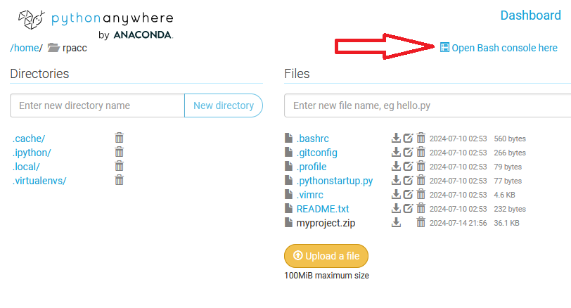 Open Bash Console in PythonAnywhere